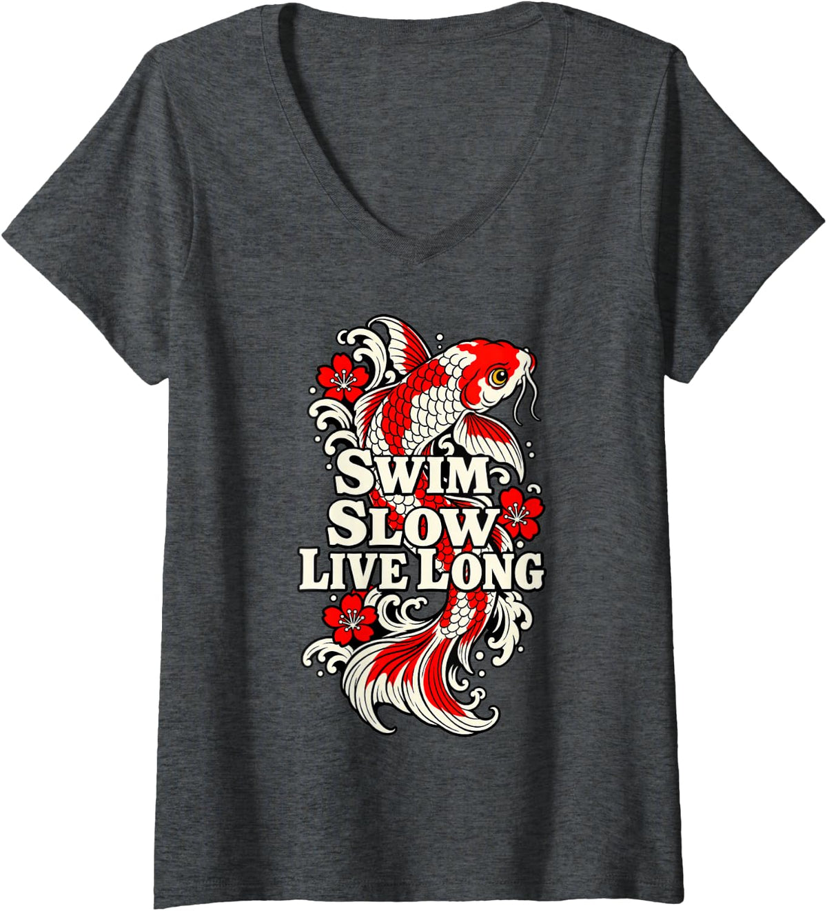 Women's Koi Swim Slow Live Long Aquarist Fish Japanese Pond Wave V-Neck T-Shirt - Dark Heather Grey