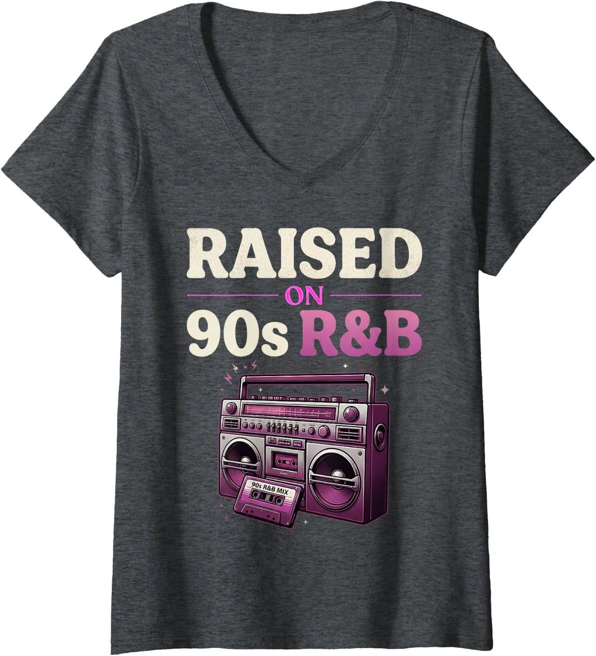 Women's Raised On 90s R&B Hip Hop Rap Musician Concert R&b V-Neck T-Shirt - Dark Heather Grey