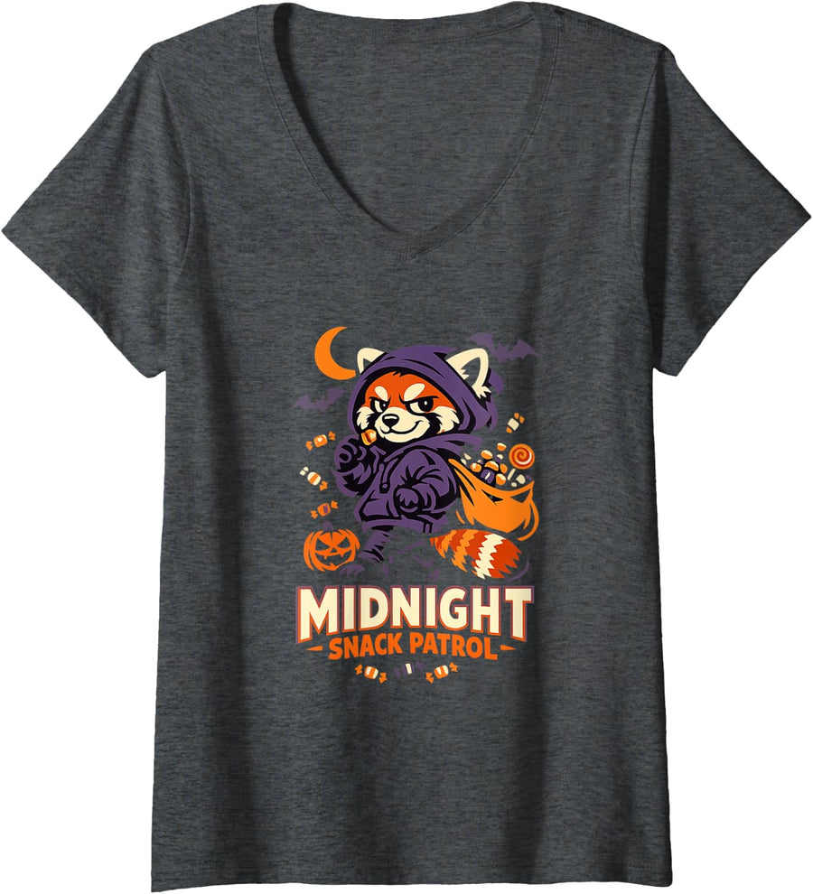 Women's Red Panda Candy Patrol Halloween V-Neck T-Shirt - Dark Heather Grey