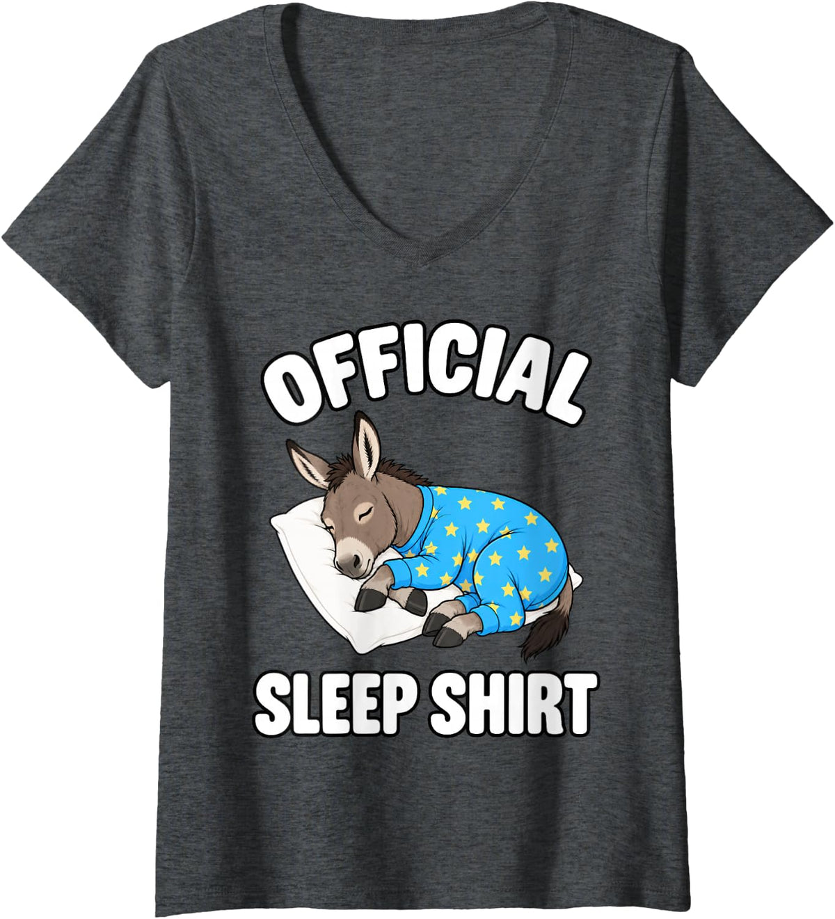 Women's Donkey Sleeping in Pajamas Official Sleepshirt Cute V-Neck T-Shirt - Dark Heather Grey