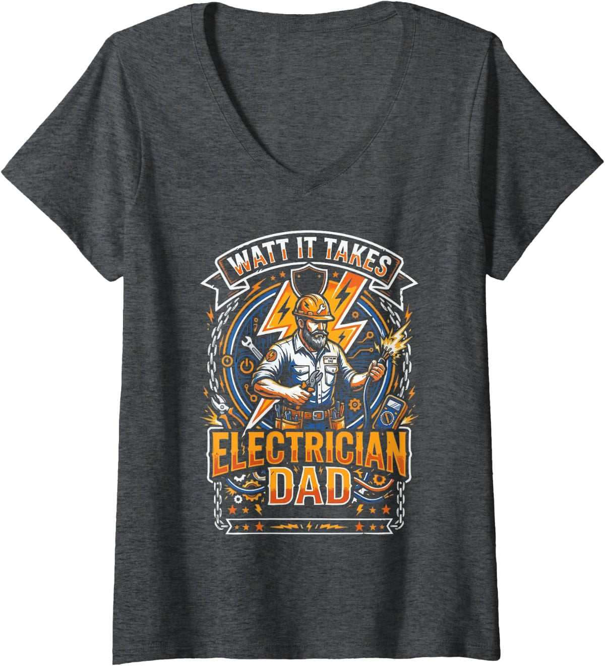 Women's Electrician Dad Electrical Engineer Electricity Fathers Day V-Neck T-Shirt - Dark Heather Grey