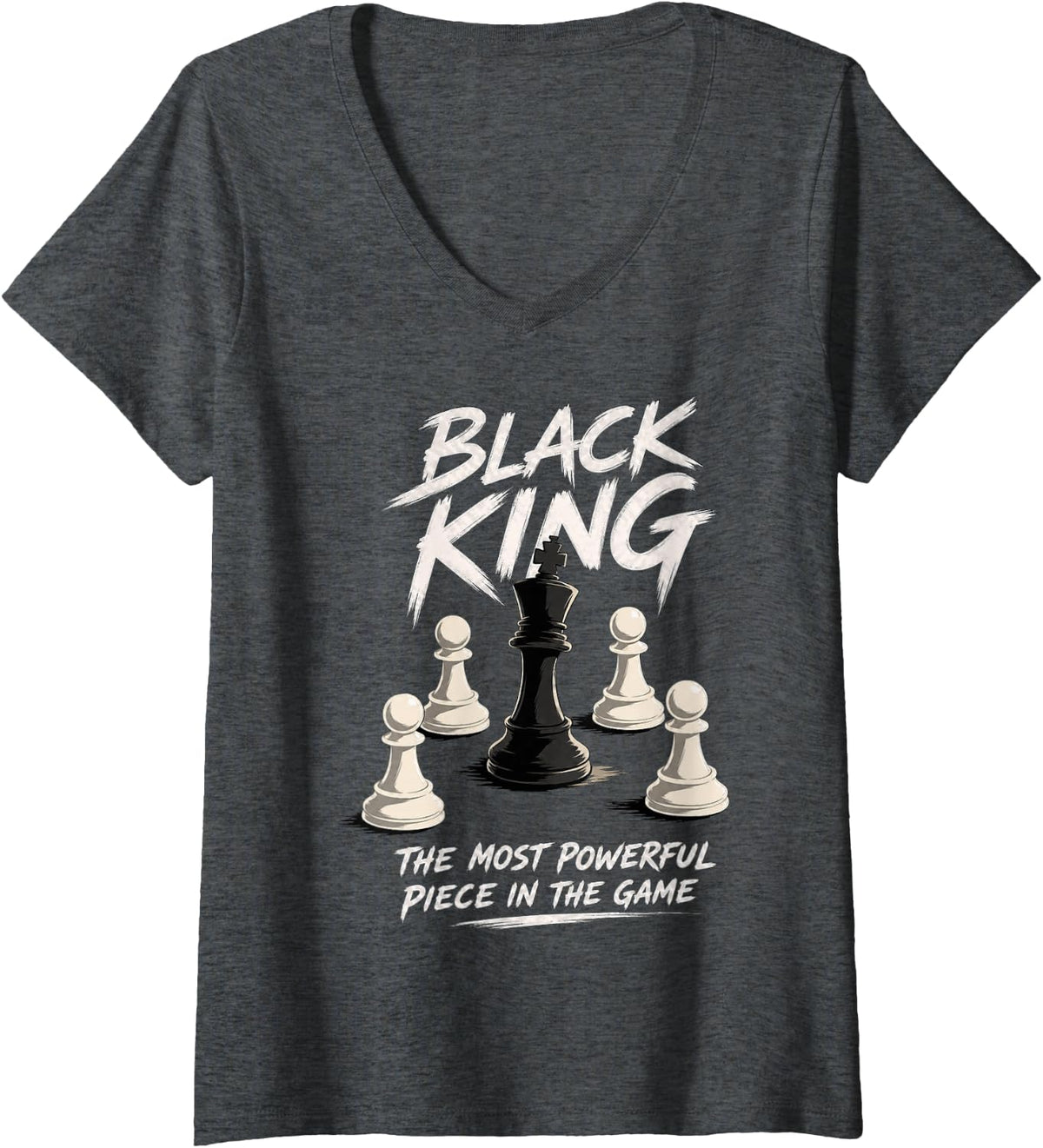 Women's Black Chess King Surrounded by White Pawns V-Neck T-Shirt - Dark Heather Grey