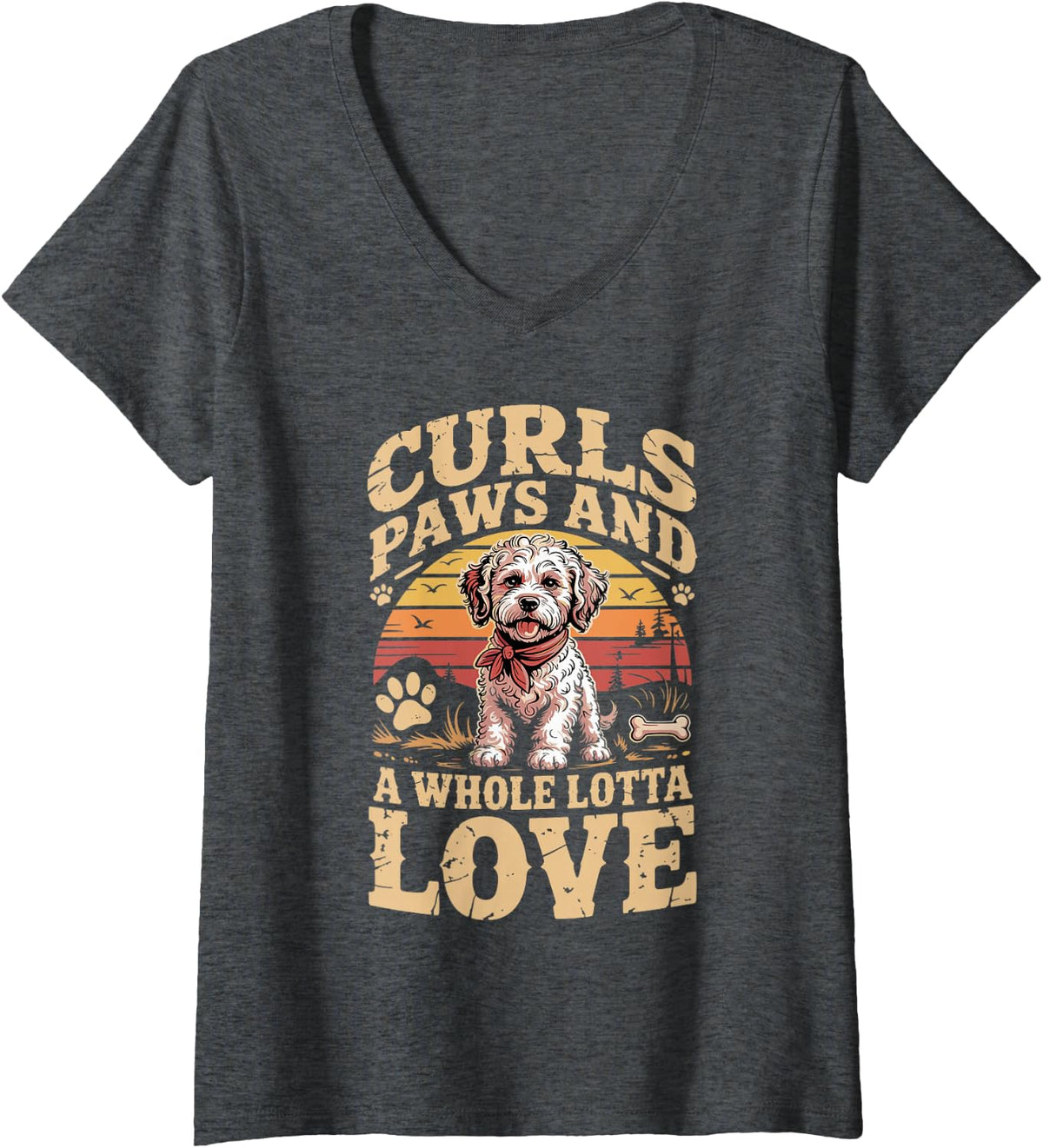 Women's Curls Paws and A Whole Lotta Love Labradoodle V-Neck T-Shirt - Dark Heather Grey