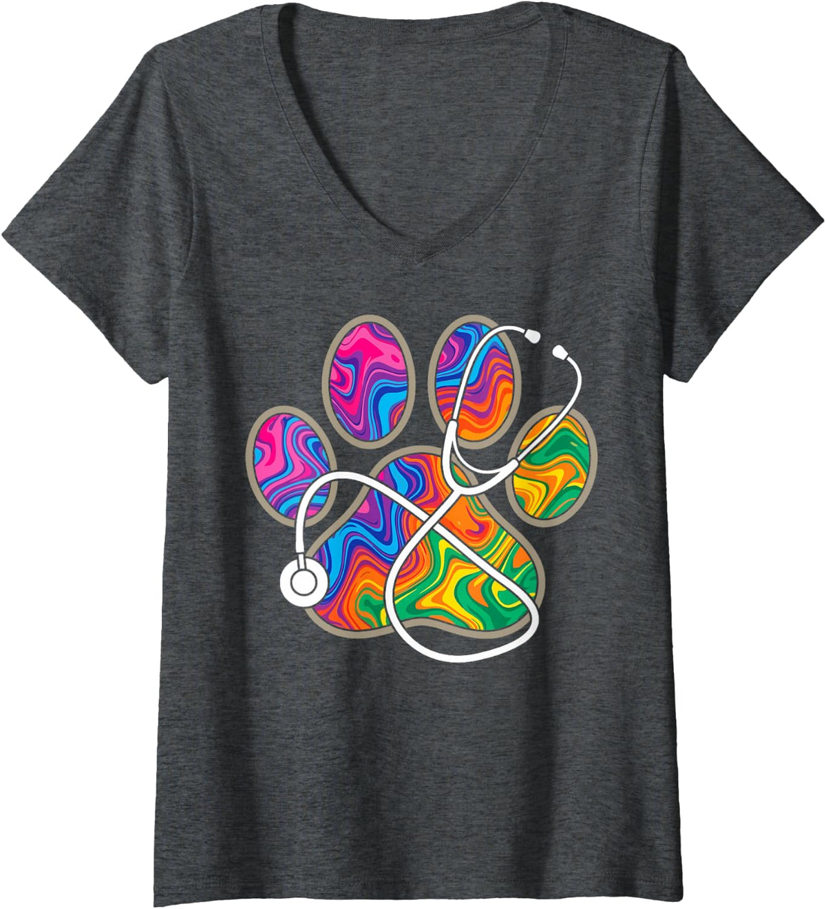 Women's Colorful Paw Prints Stethoscope Veterinarian Vet Tech V-Neck T-Shirt - Dark Heather Grey