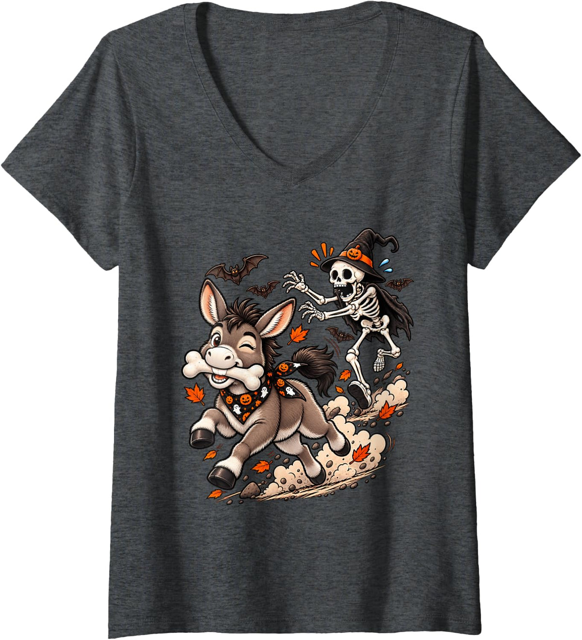 Women's Funny Donkey Chased by Witch Skeleton Halloween Men Women V-Neck T-Shirt - Dark Heather Grey