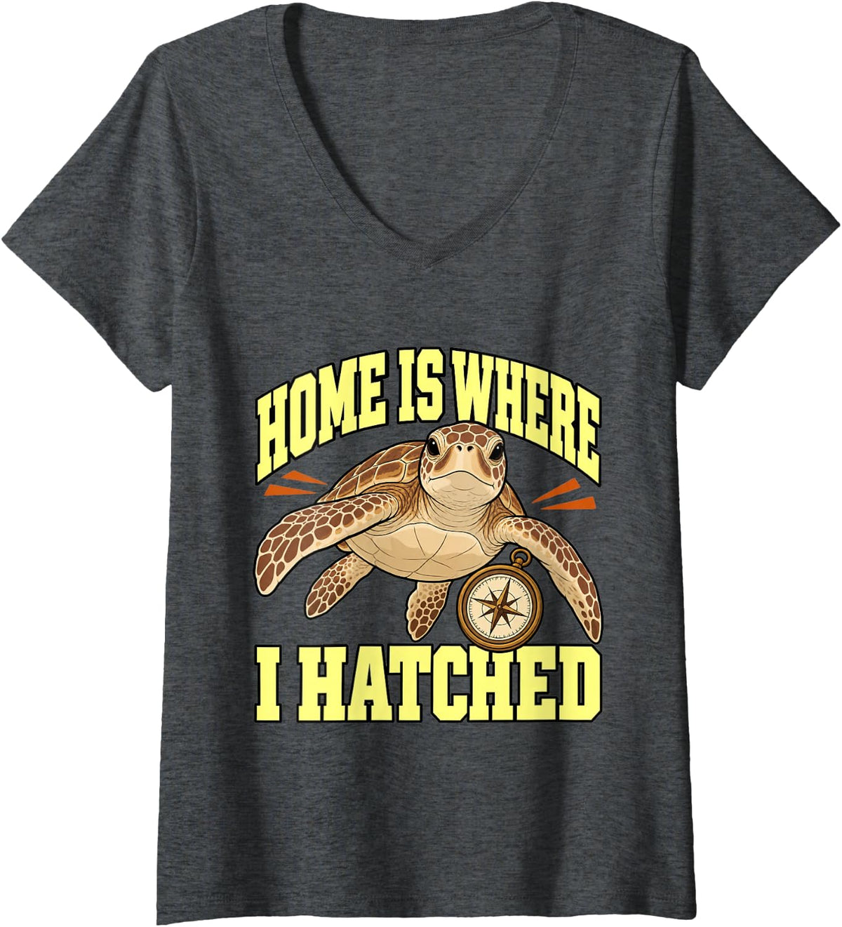 Women's Sea Turtle Home is Where I Hatched Sea Lover Funny V-Neck T-Shirt - Dark Heather Grey