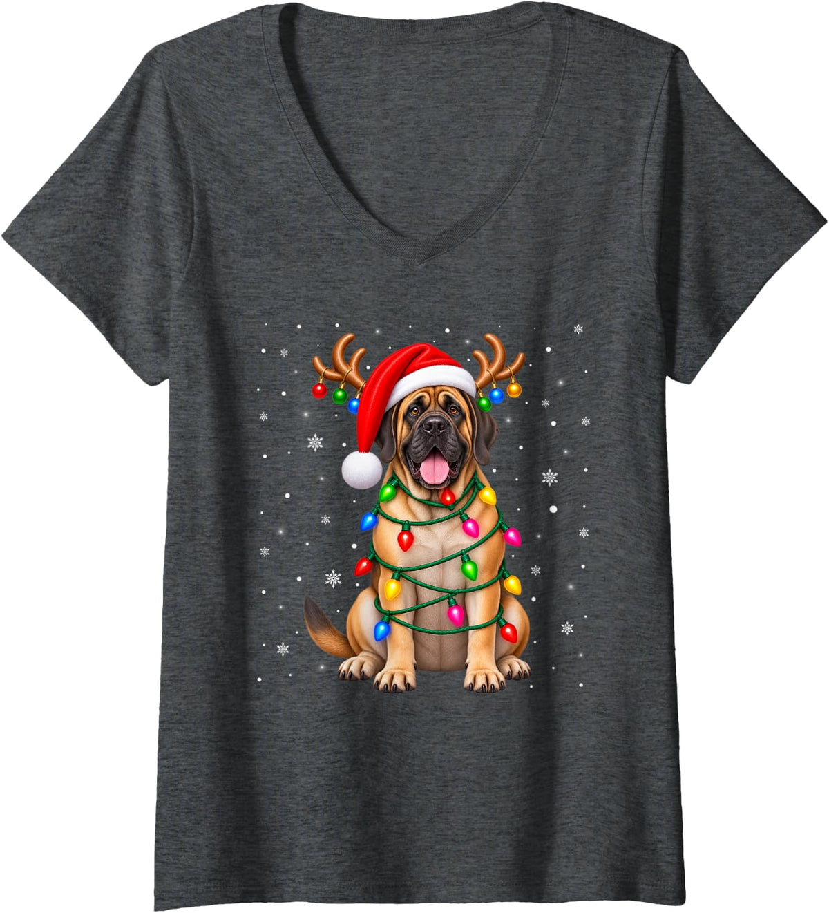 Women's Mastiff Dog Christmas Tree Lights Sweater Xmas Pet Dogs V-Neck T-Shirt - Dark Heather Grey