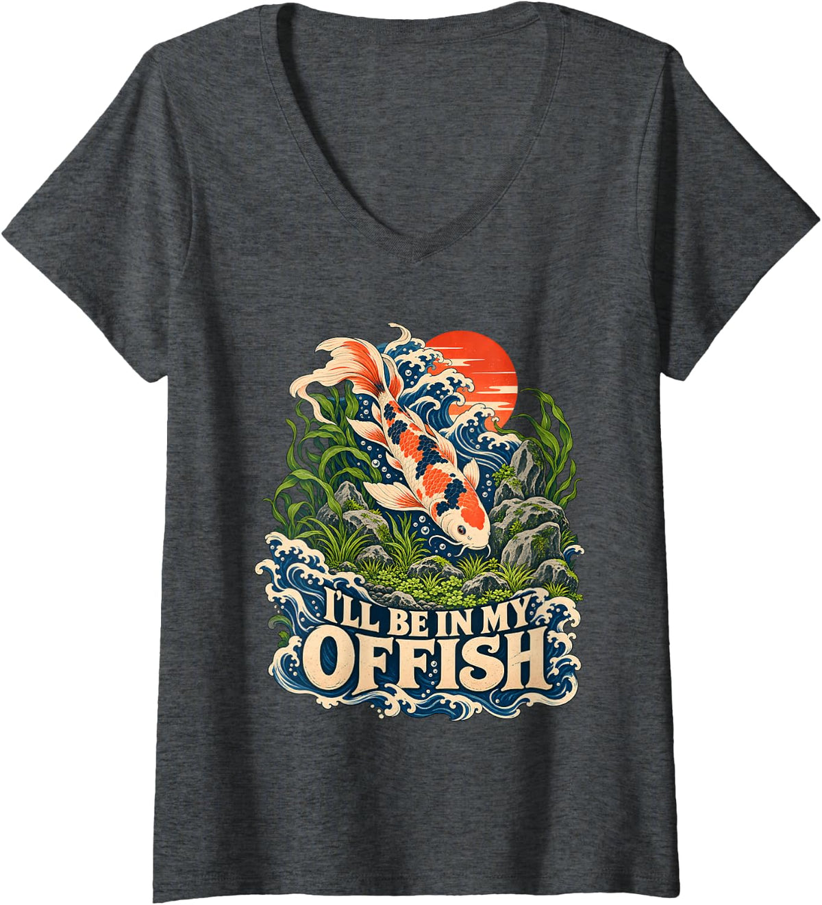 Women's Funny I'll Be in My Offish Koi Pond Aquarist V-Neck T-Shirt - Dark Heather Grey