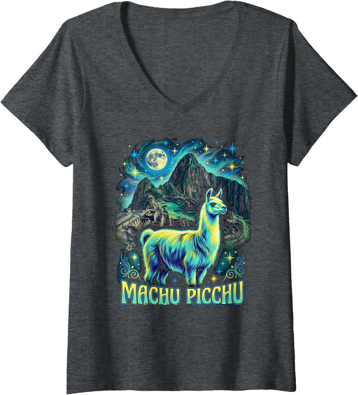 Women's Machu Picchu Peru Llama Adventure Travel Memories V-Neck T-Shirt - Dark Heather Grey