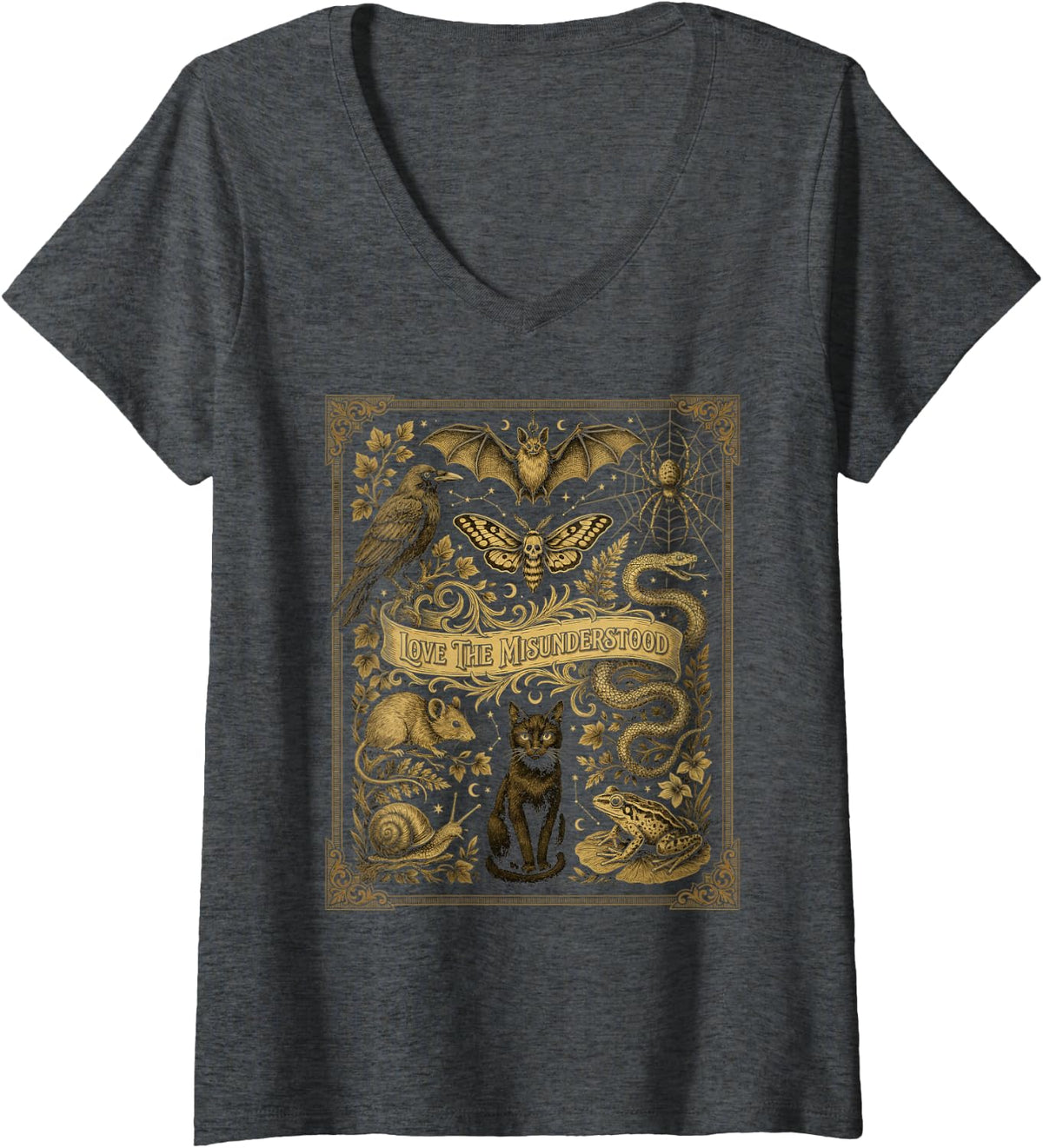 Women's Love The Misunderstood Bat Raven Cat Snake Spider Moth Frog V-Neck T-Shirt - Dark Heather Grey
