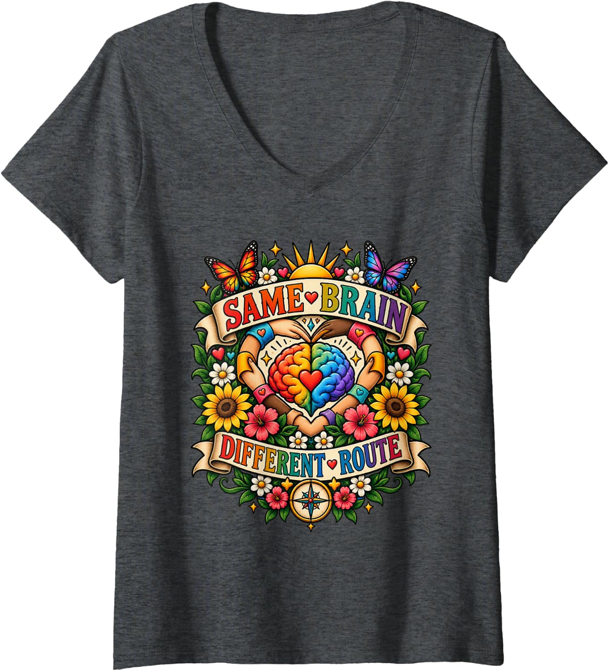 Women's Same Brain Different Route Neurodiversity Acceptance V-Neck T-Shirt - Dark Heather Grey
