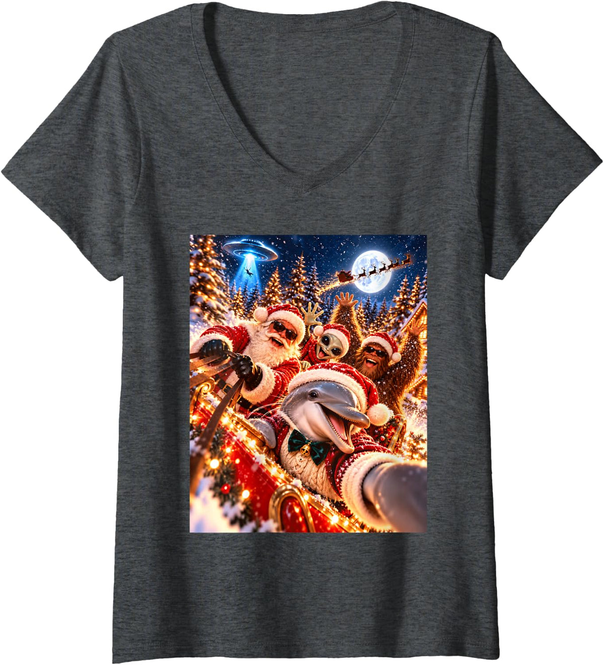 Women's Jolly Dolphin Santa Christmas Selfie UFO Graphic V-Neck T-Shirt - Dark Heather Grey