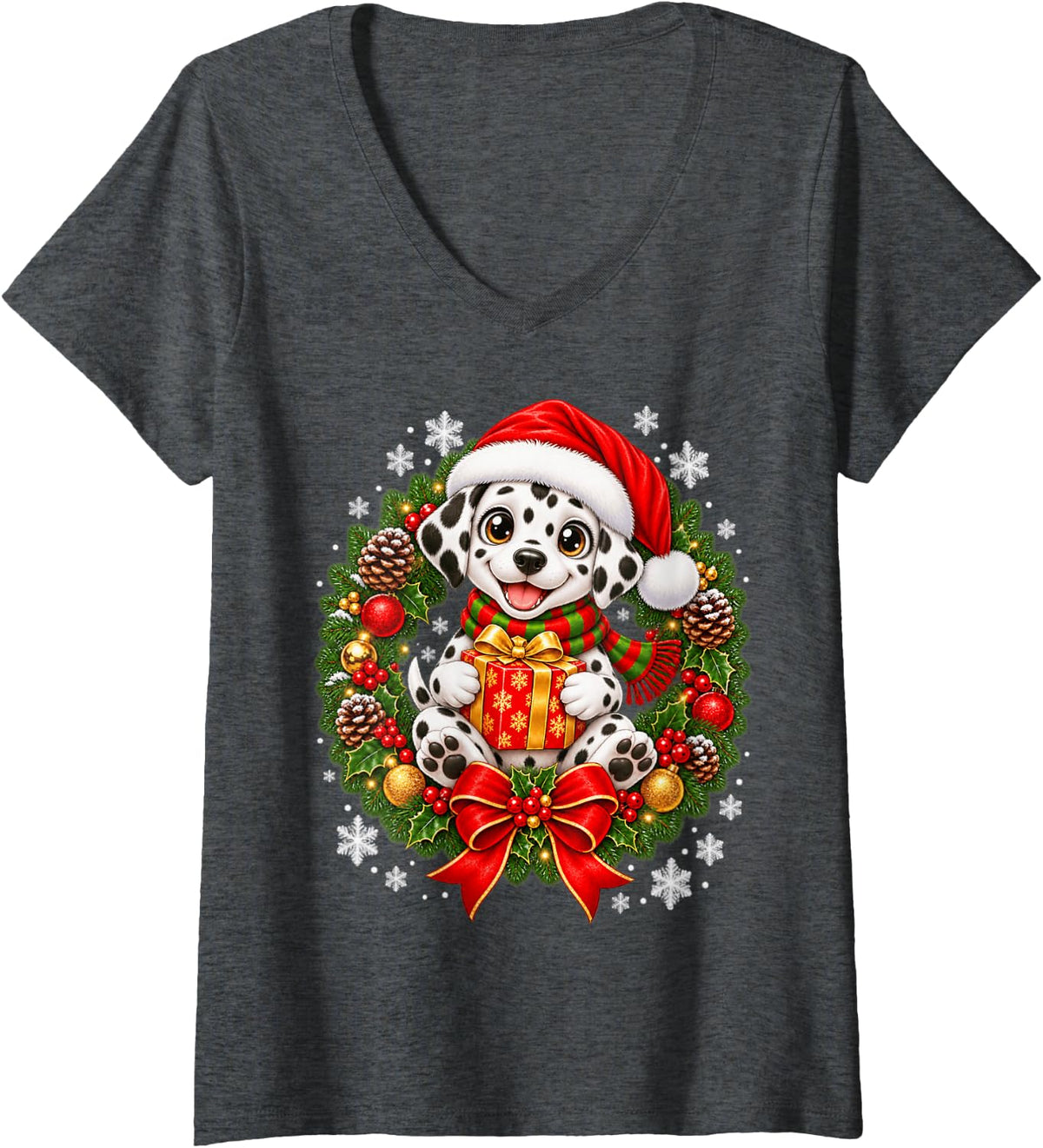 Women's Dalmatian Santa Hat Christmas Light Xmas PJ Men Women Kids V-Neck T-Shirt - Dark Heather Grey