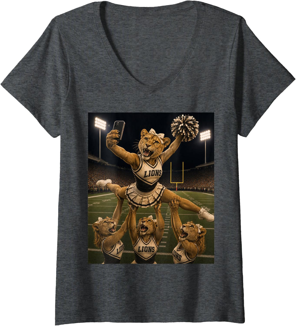 Women's Lions Cheerleaders Selfie Football Game Day Team Mascot V-Neck T-Shirt - Dark Heather Grey