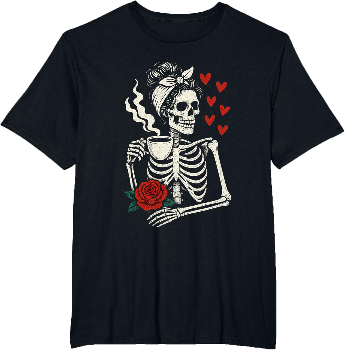 Valentines Day Woman Skeleton Messy Bun Coffee Funny Women T-Shirt - Black