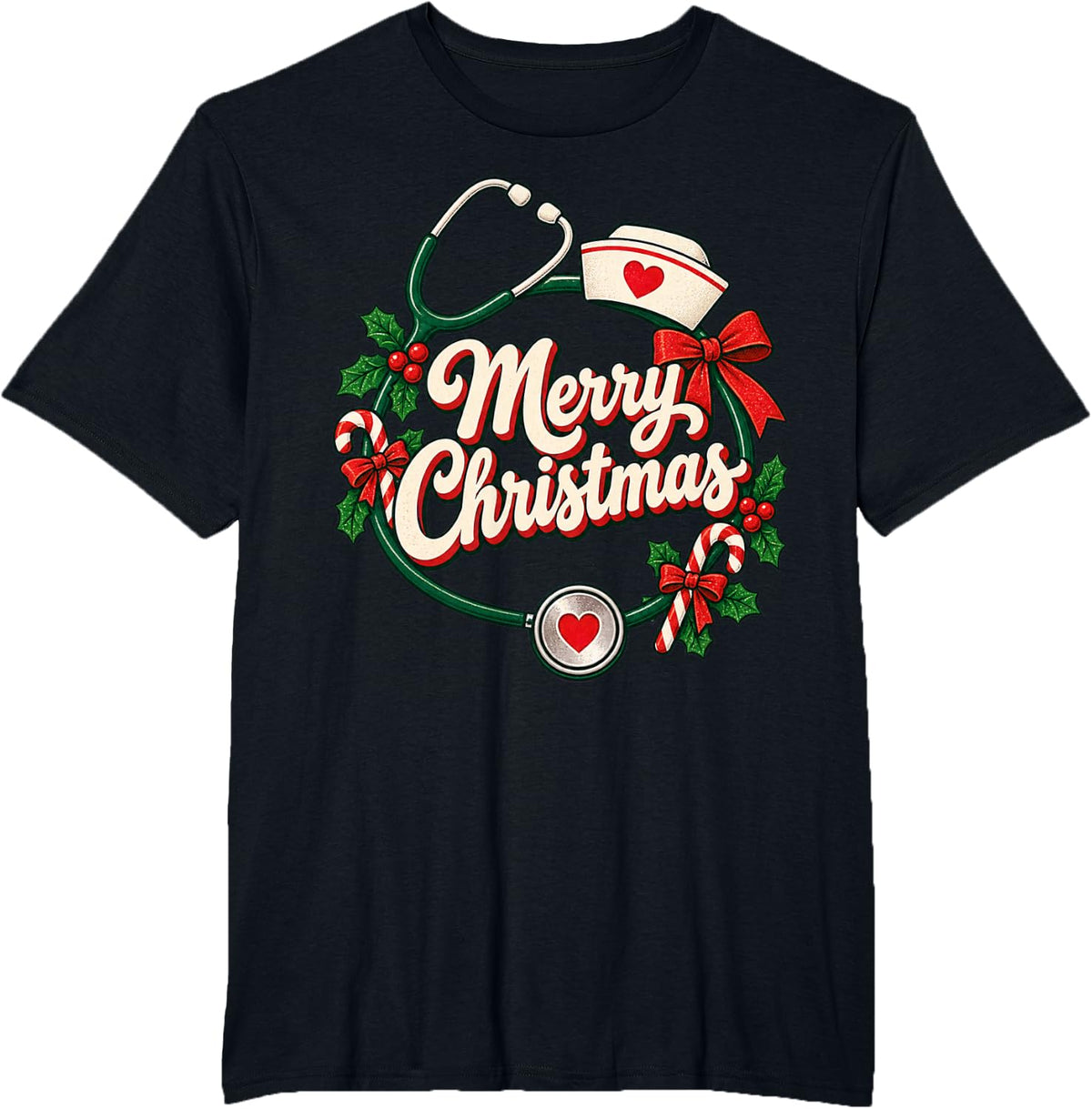 Merry Christmas Nurse Stethoscope Nursing Medical T-Shirt - Black