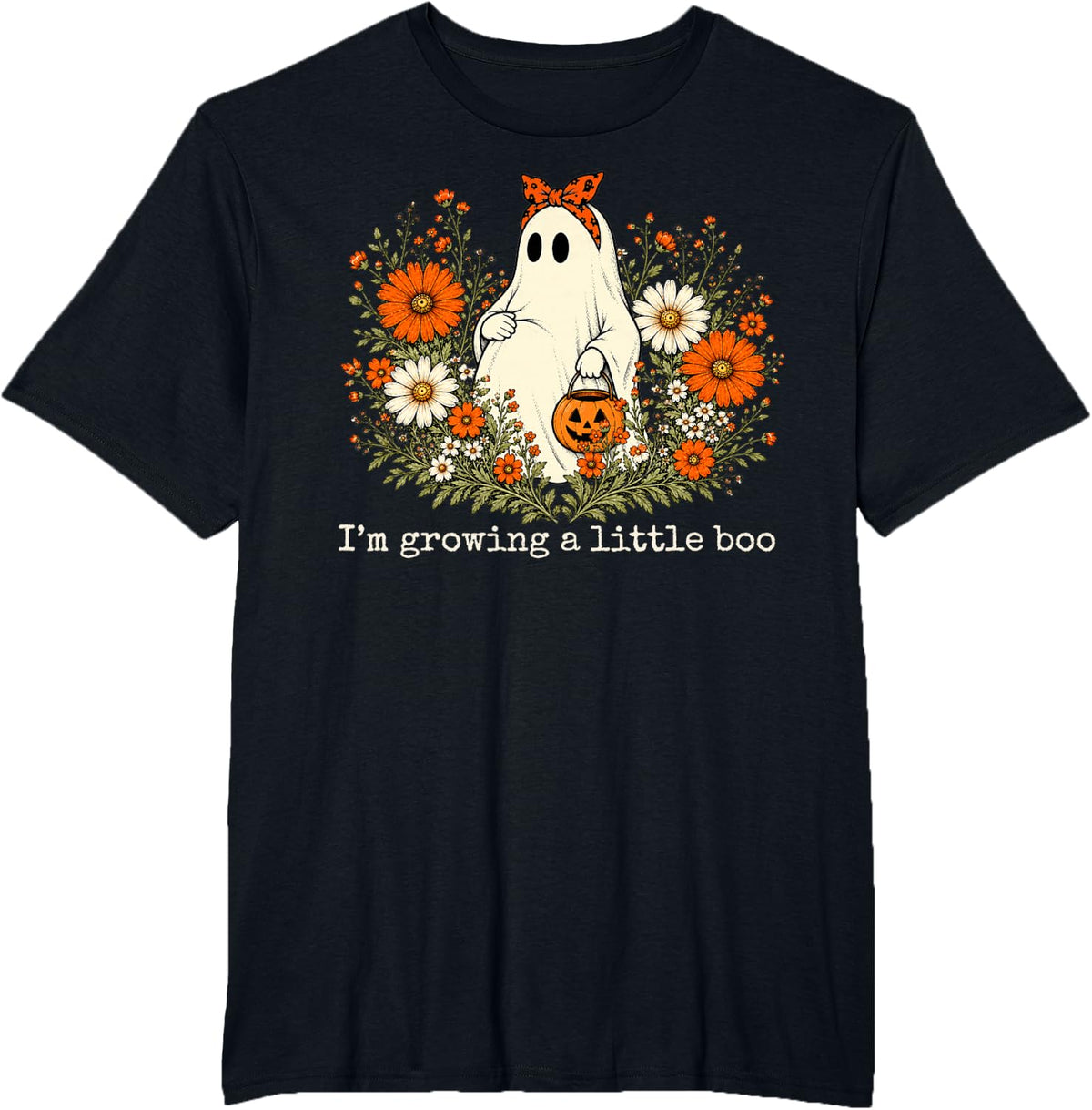 Growing A Little Boo Ghost Pregnancy Maternity Halloween T-Shirt - Black