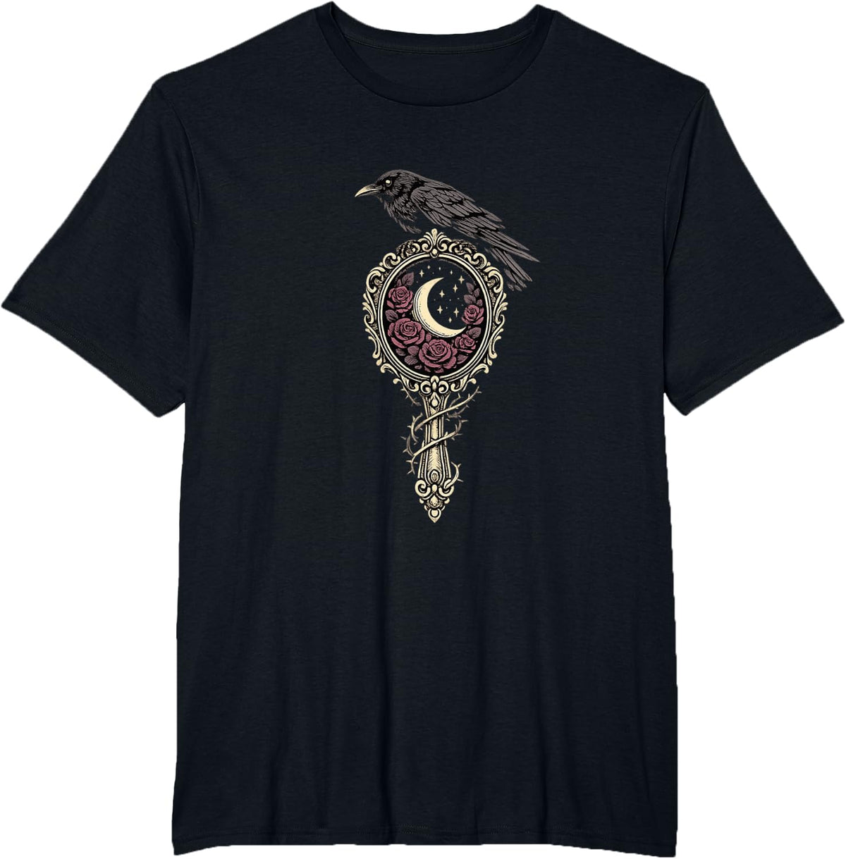 Gothic Raven Moon Mirror and Roses Halloween T-Shirt - Black