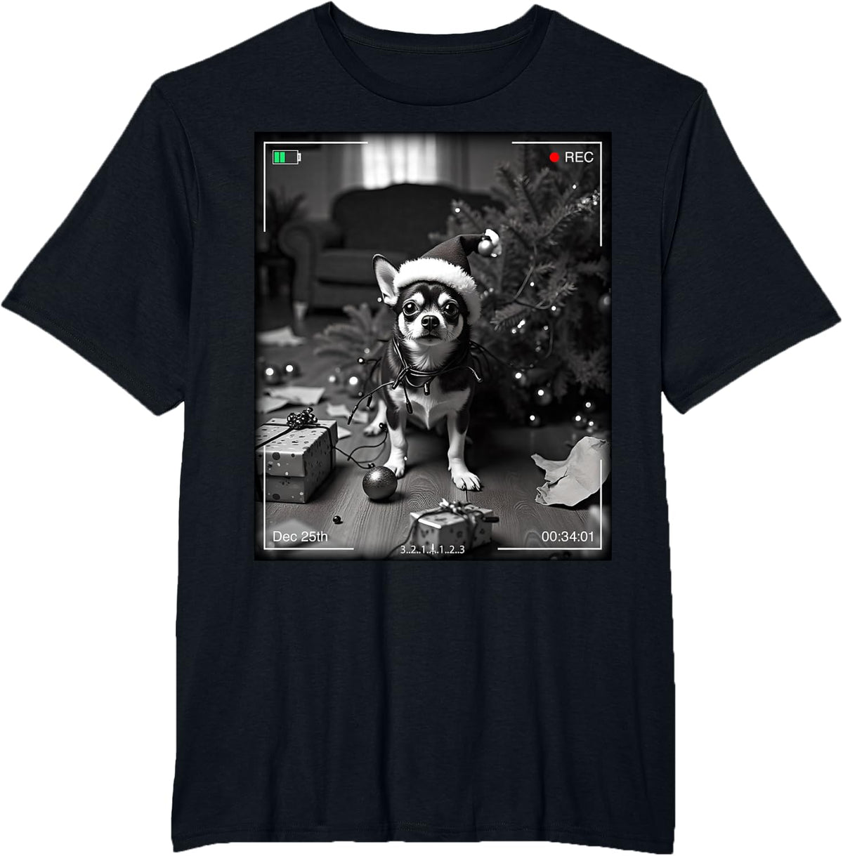 Christmas Chihuahua Caught On Camera T-Shirt - Black