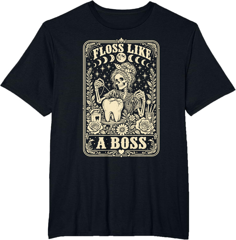 Dental Hygienist Floss Like A Boss Skeleton Tarot T-Shirt - Black