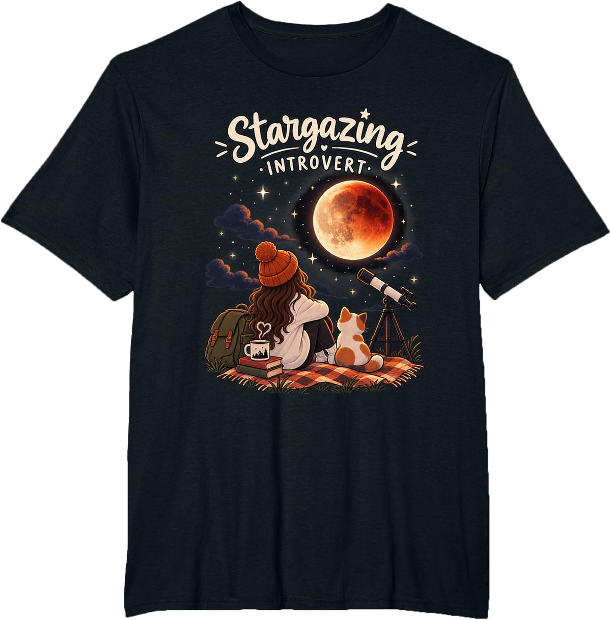 Stargazing Introvert Moon Cat Astronomy Lover T-Shirt - Black