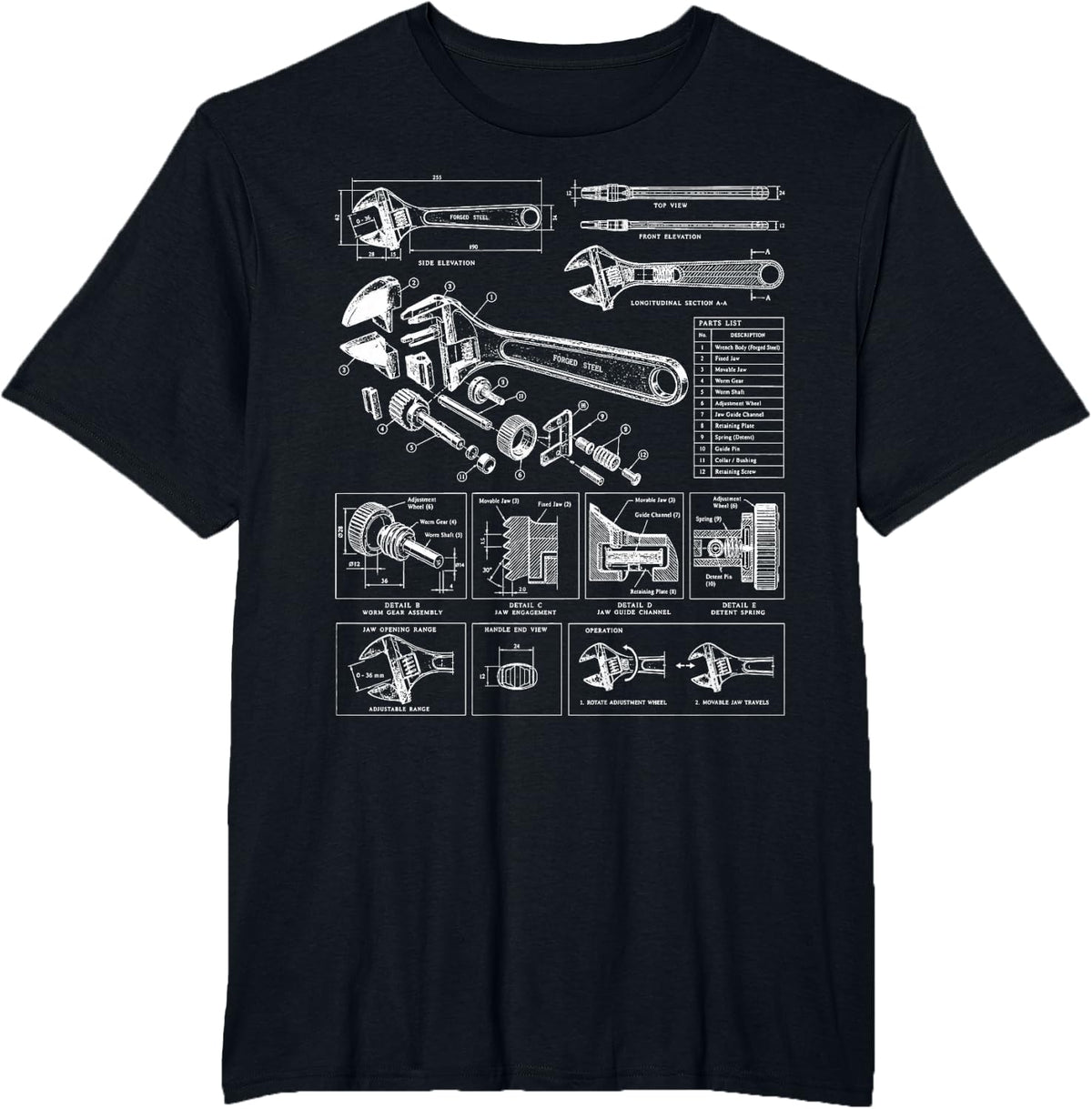 Adjustable Wrench Patent Mechanic Trades Engineering Tools T-Shirt - Black