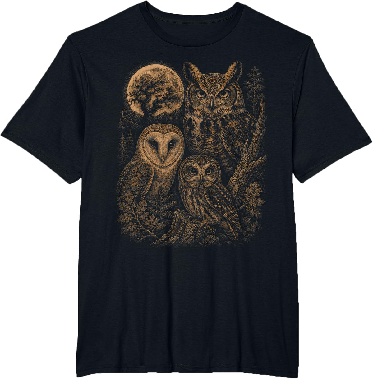 Great Horned Owl Graphics Bird Watcher 90s Vintage Owl Lover T-Shirt - Black