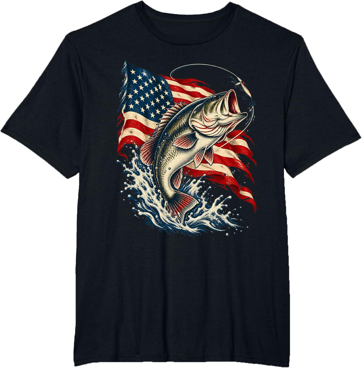 Bass Fishing American Flag Patriotic Largemouth Fisherman T-Shirt - Black