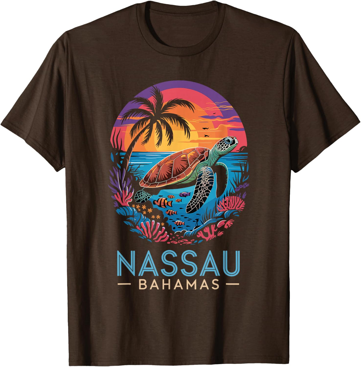Nassau Bahamas Sea Turtle Shirt Sunset Tee T-Shirt Souvenir Gift for Men Women - Brown
