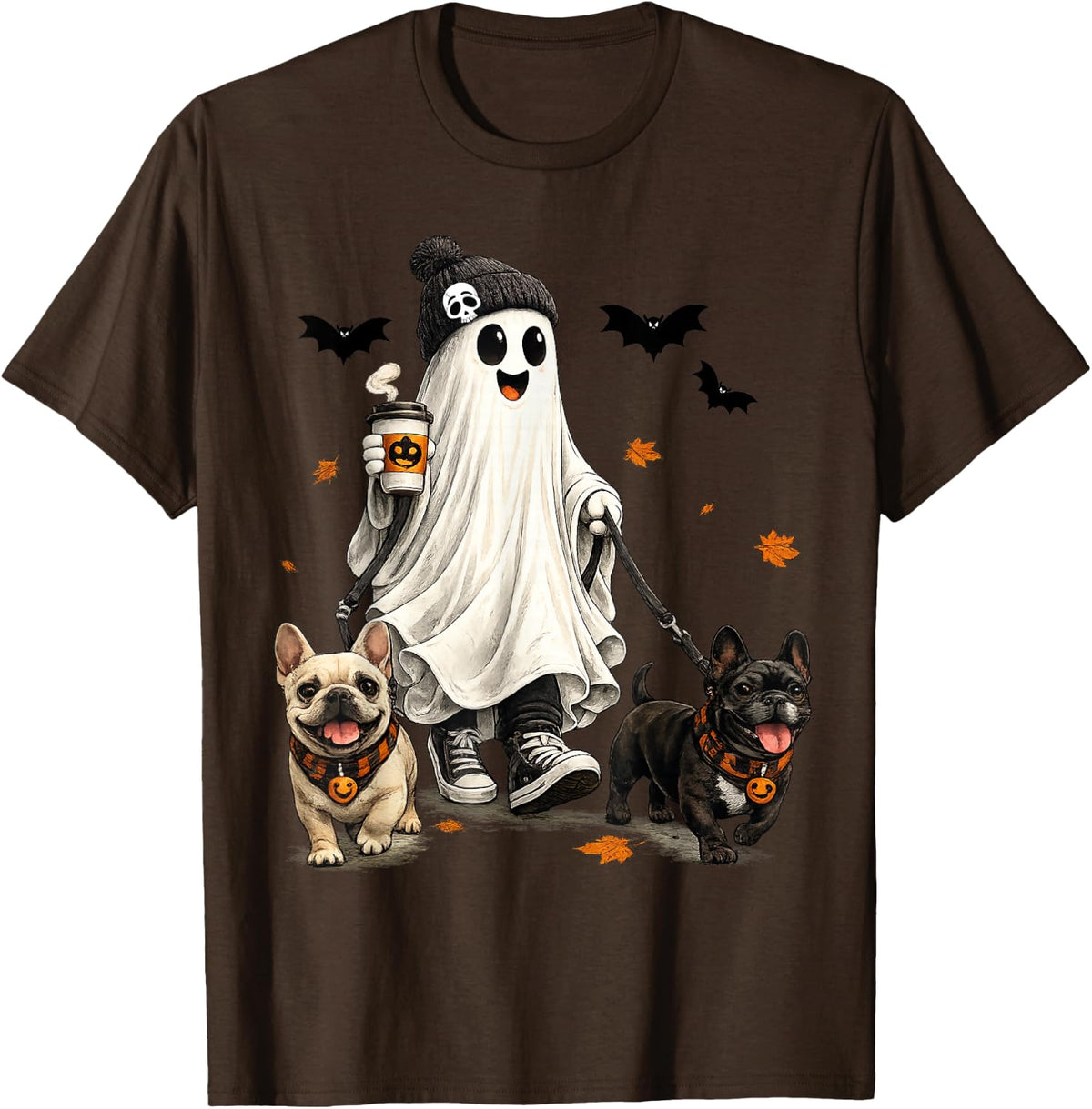 Ghost Walking French Bulldog Spooky Season Halloween Dog T-Shirt - Brown