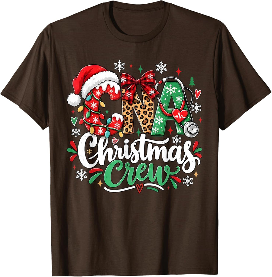CNA Christmas Crew Nurse Leopard Healthcare Holiday T-Shirt - Brown