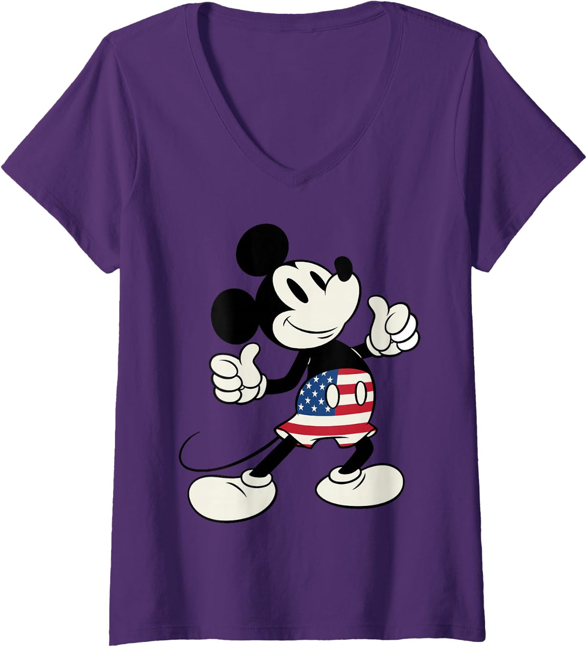 Women's Disney Mickey and Friends 4th of July Mickey USA Flag Shorts V-Neck T-Shirt - Purple