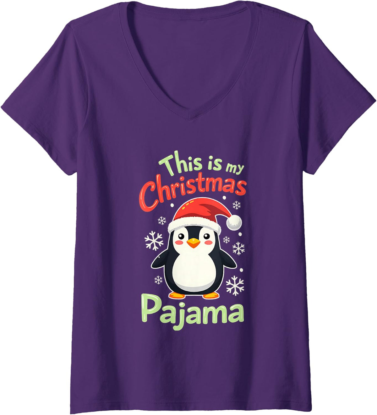 Women's This is My Christmas Pajama Penguin Xmas Men Women Kids V-Neck T-Shirt - Purple
