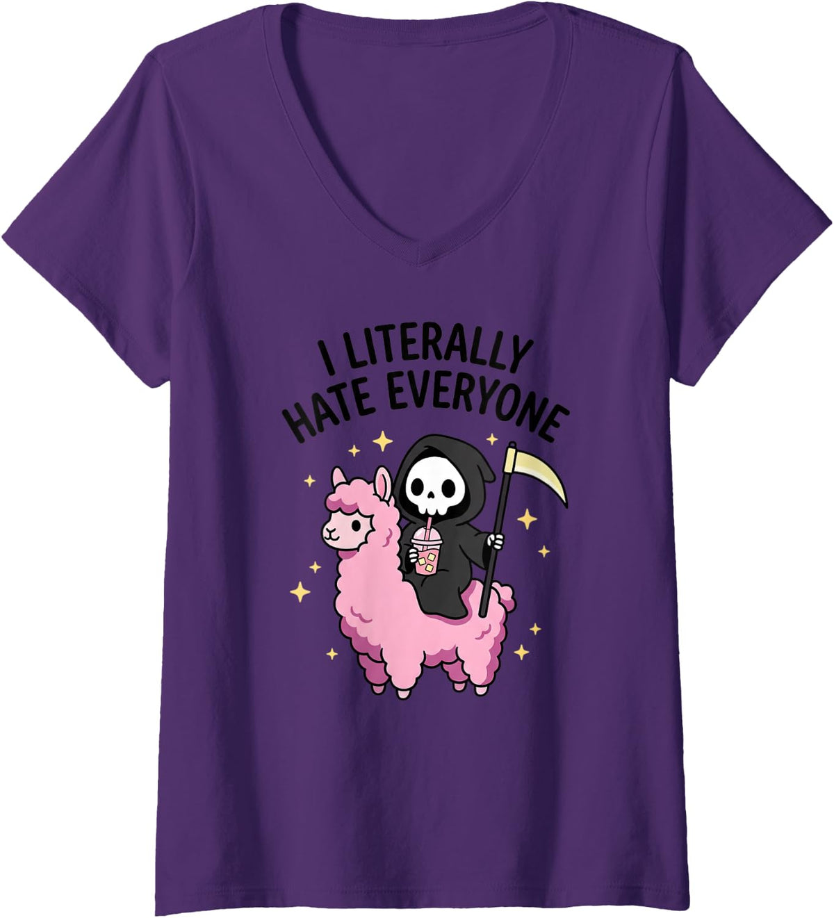Women's I Literally Hate Everyone Grim Reaper Riding Pink Llama V-Neck T-Shirt - Purple