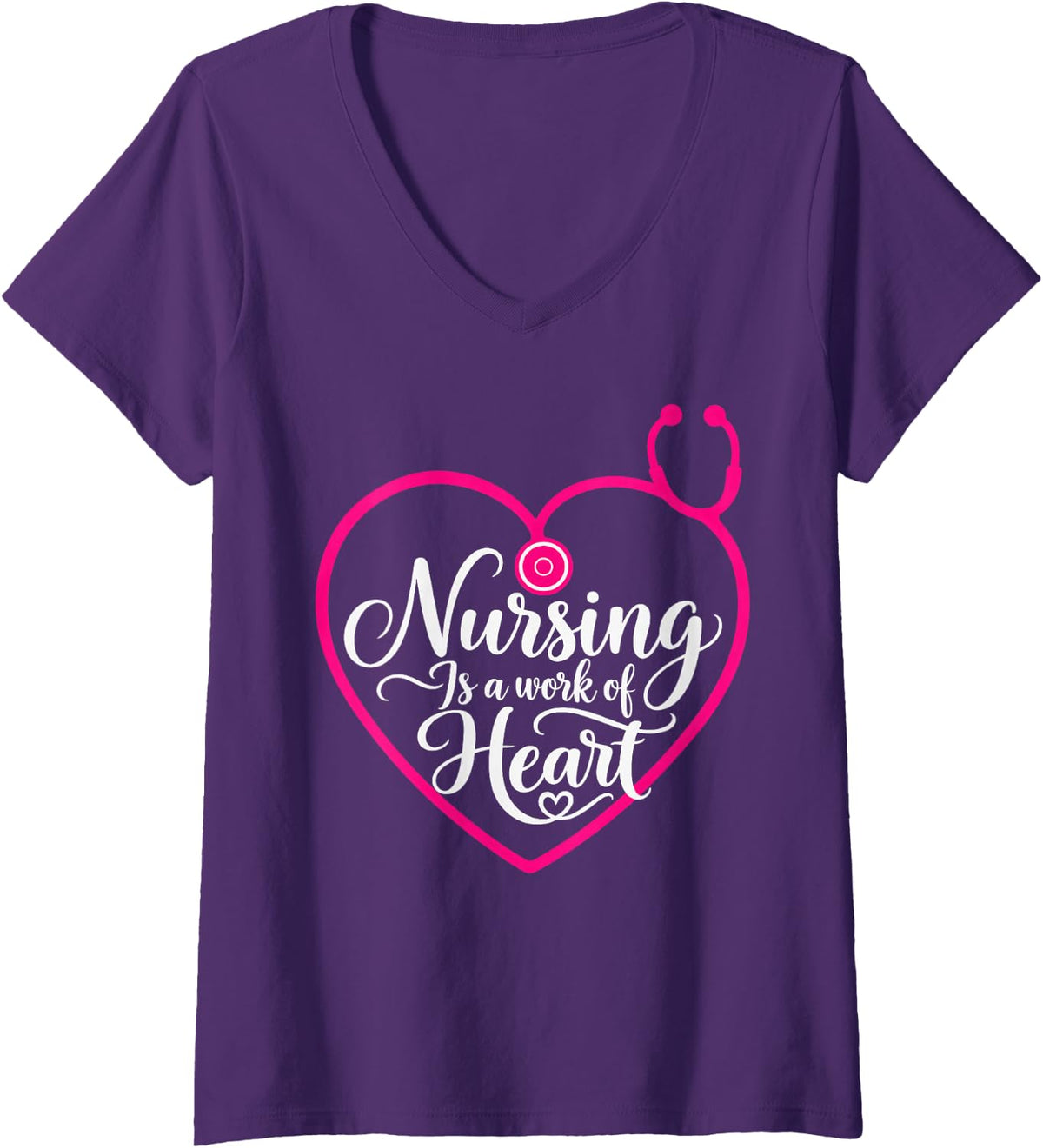 Women's Nursing is A Work of Heart Stethoscope Healthcare RN V-Neck T-Shirt - Purple