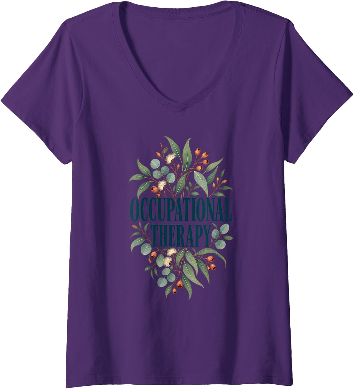 Women's Occupational Therapy Botanical Eucalyptus Leaves V-Neck T-Shirt - Purple