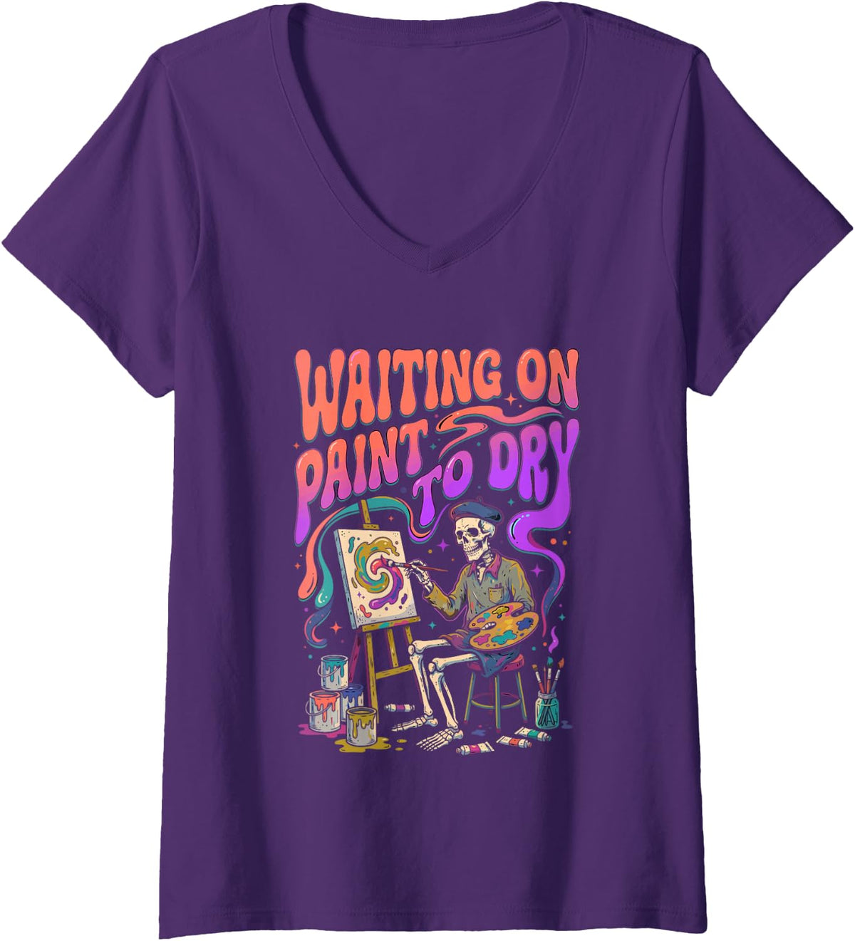 Women's Skeleton Artist Waiting On Paint to Dry Painter V-Neck T-Shirt - Purple