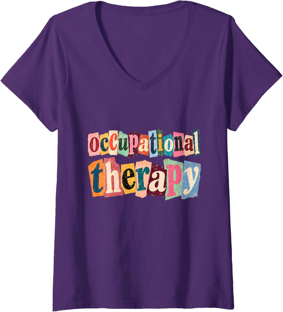 Women's Occupational Therapy Retro Ransom Note OT Therapist V-Neck T-Shirt - Purple