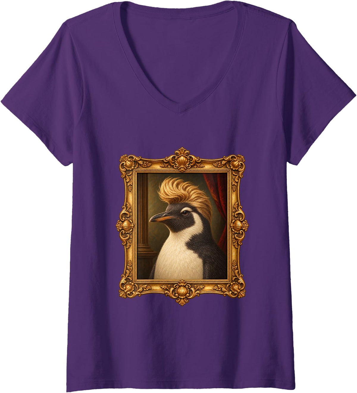 Women's Penguin Blonde Quiff Funny Animal Portrait V-Neck T-Shirt - Purple