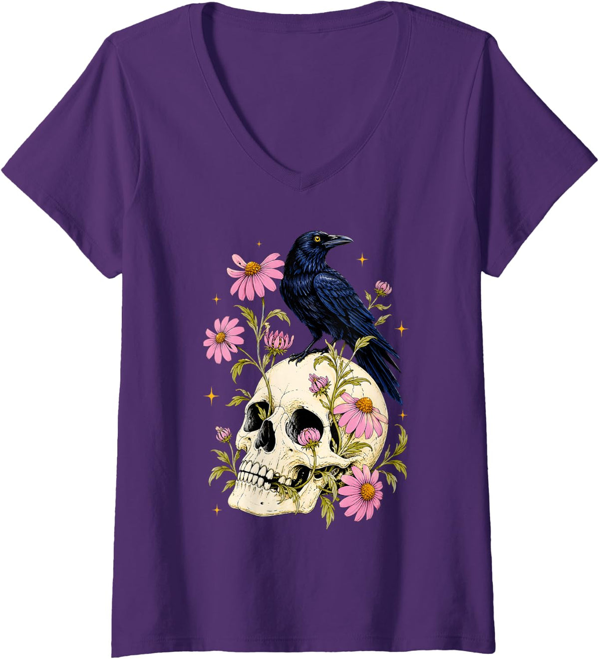 Women's Raven Standing On Skull Flowers Crow Halloween Men Women V-Neck T-Shirt - Purple