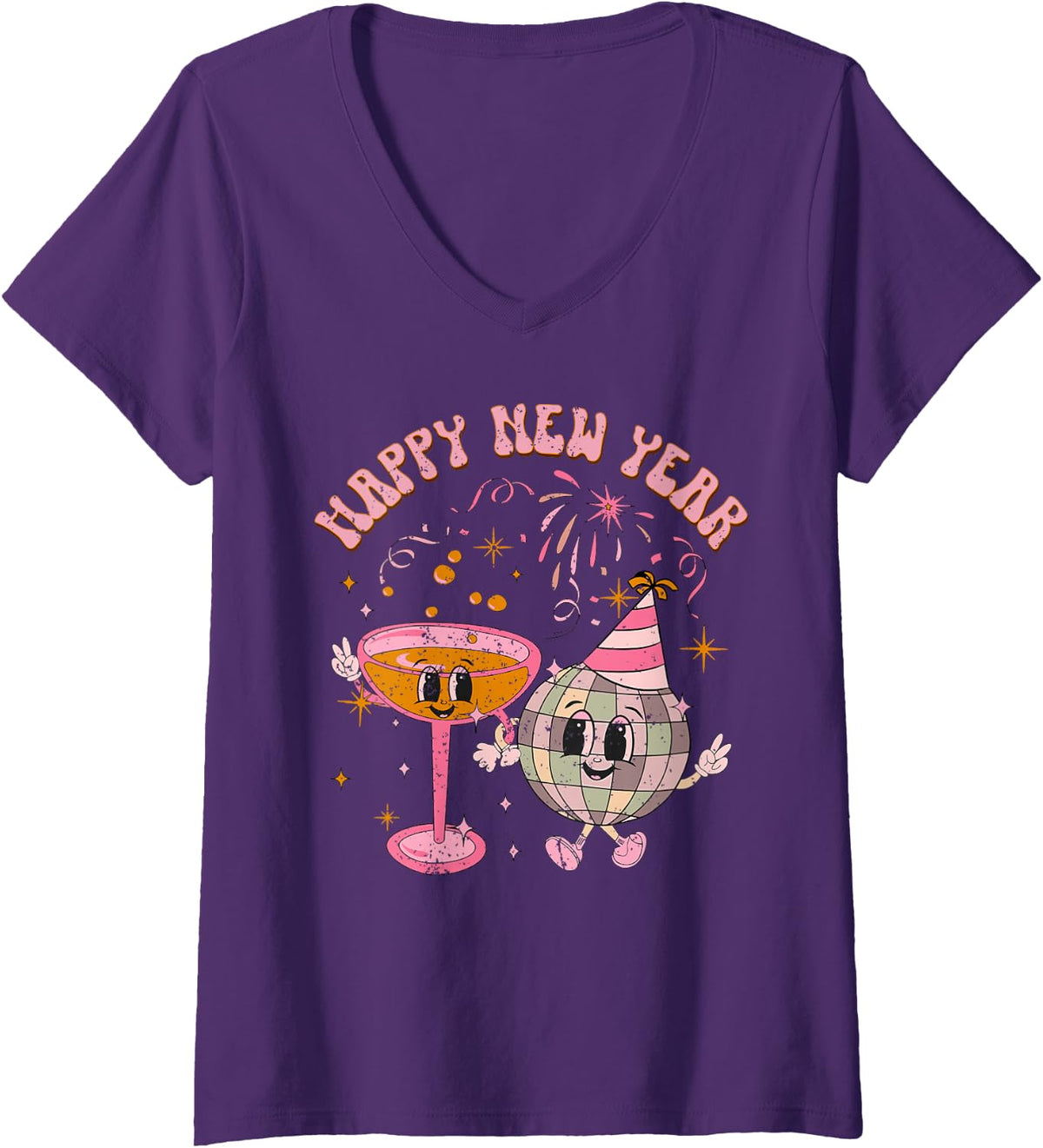 Women's Happy New Year 2025 Disco Ball Wine Glass Cheers Drink Party V-Neck T-Shirt - Purple