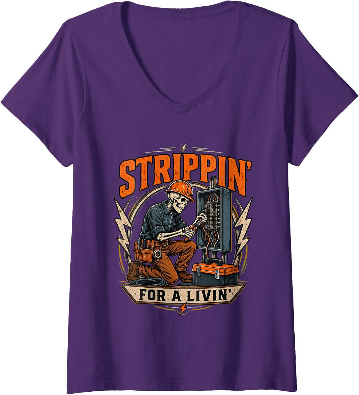 Women's Strippin' for A Livin' Funny Skeleton Electrician V-Neck T-Shirt - Purple
