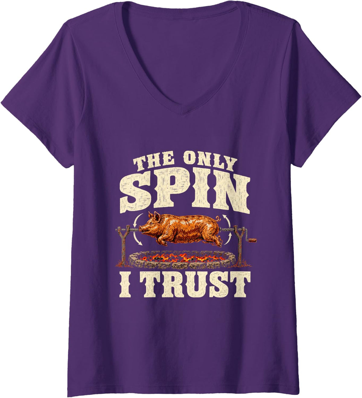 Women's Pig Roast The Only Spin I Trust BBQ Political Satire Humor V-Neck T-Shirt - Purple