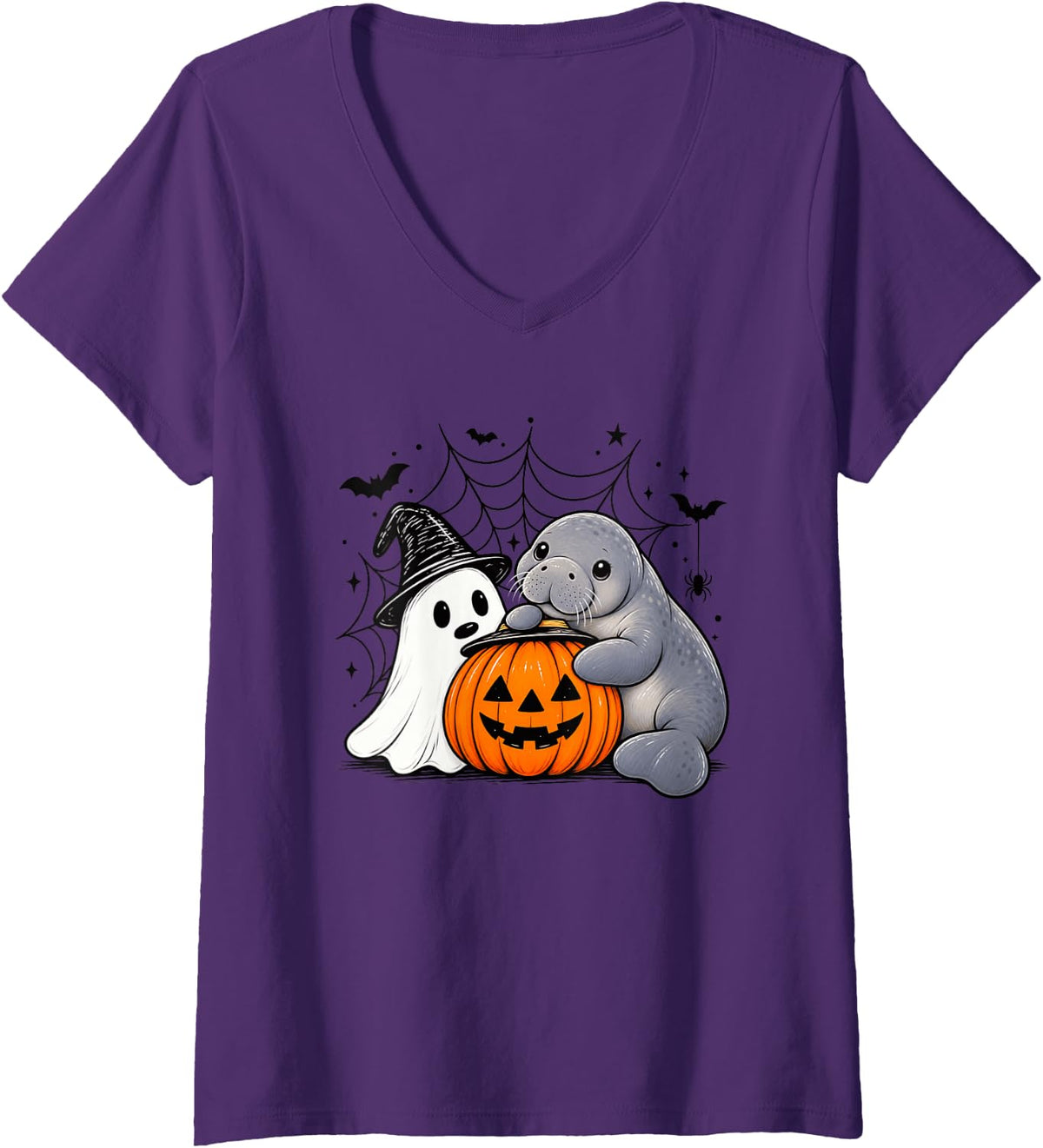 Women's Manatee Halloween Ghost Pumpkin Cute Spooky Costume V-Neck T-Shirt - Purple