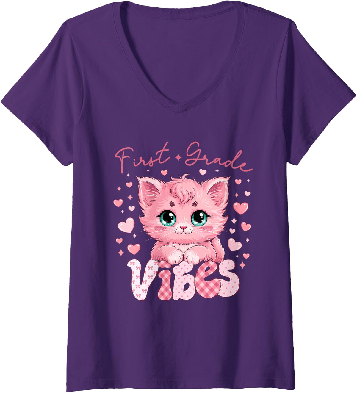 Women's First Grade Vibes Cute Cat Back to School Teacher Girl Kids V-Neck T-Shirt - Purple