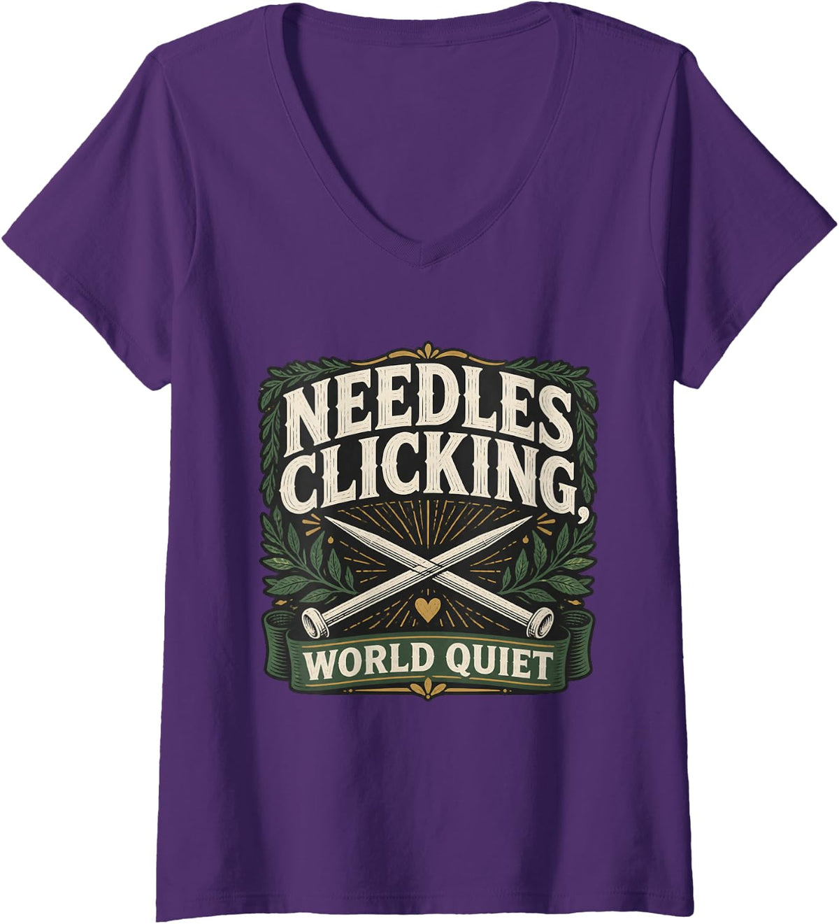 Women's Needles CLICKING, World Quiet Knitting Knitter Yarn Lover V-Neck T-Shirt - Purple
