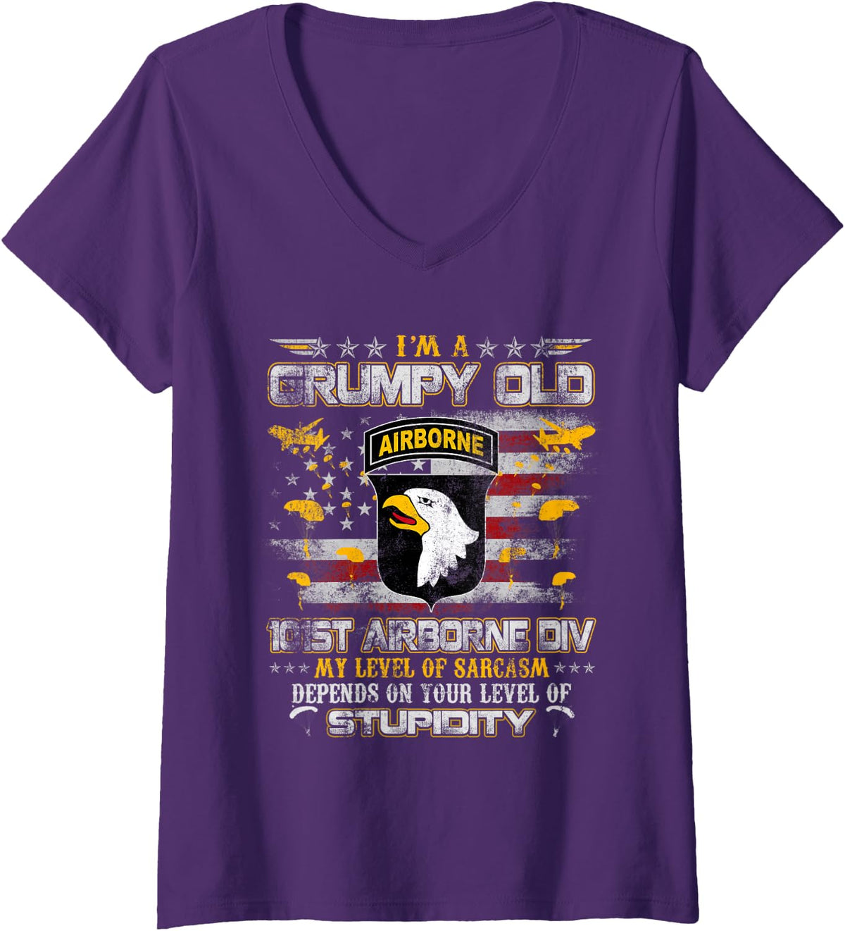 Women's I'm A Grumpy Old 101st Airborne Division Paratrooper Veteran V-Neck T-Shirt - Purple