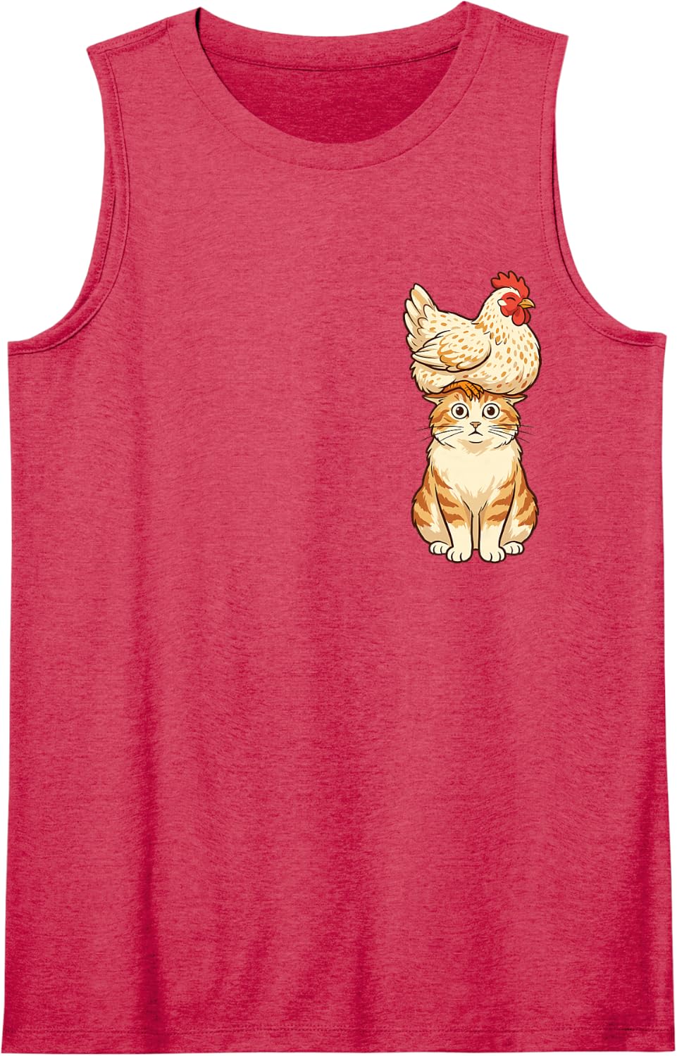 Cat Chicken On Head Funny Feline Hen Humor Animal Pocket Sleeveless Tank Top - Red