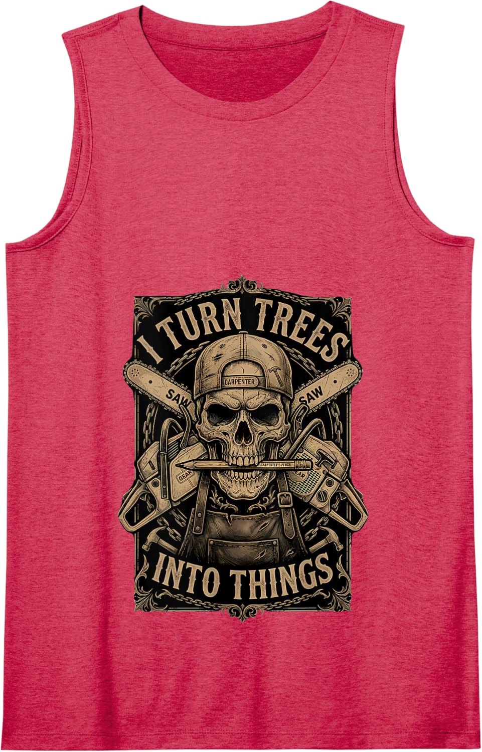 I Turn Trees Into Things Skull Chainsaw Carpenter Tank Top - Red