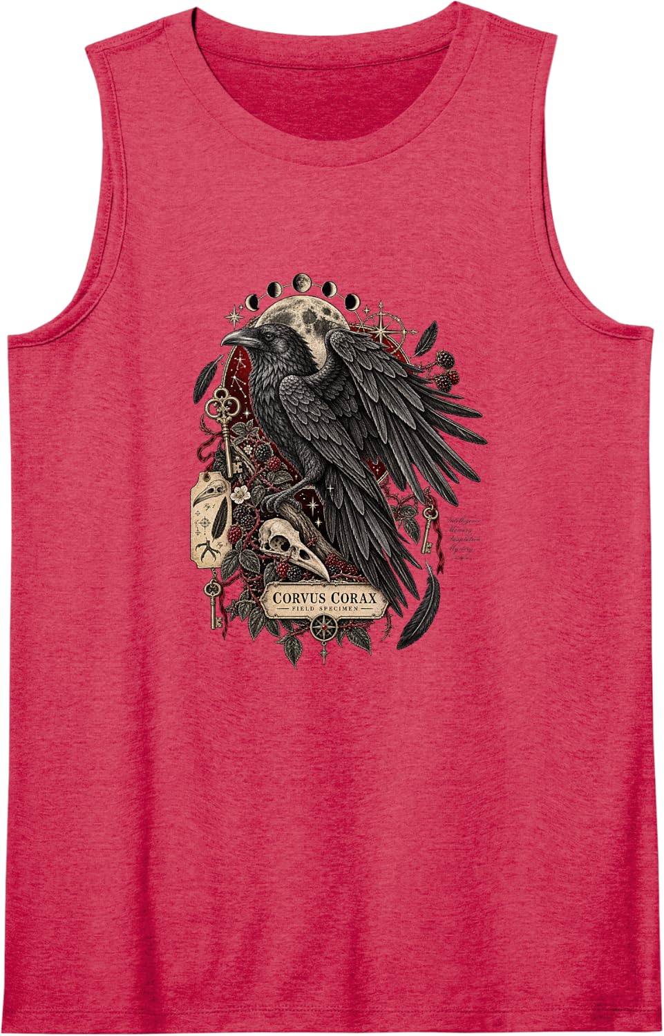 Corvus Corax Raven Gothic Moon Skull Dark Academia Art Sleeveless Tank Top - Red